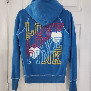 Vtg 2008 VS PINK Blue Glitter Heart "LOVE PINK" Hoodie - Small